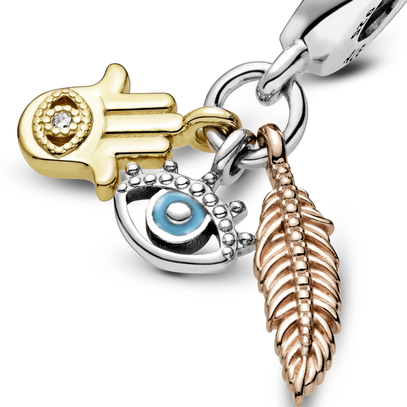 Charm colgante Hamsa, el Ojo que todo lo ve y Pluma de espiritualidad