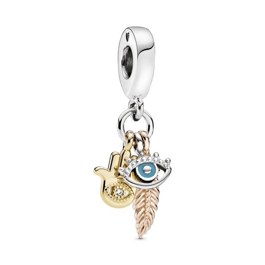 Charm colgante Hamsa, el Ojo que todo lo ve y Pluma de espiritualidad