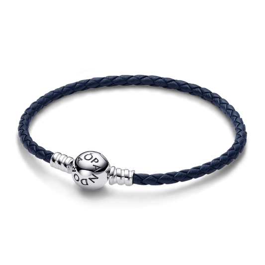 Brazalete de Cuero Trenzado Azul con Broche Moments Plata Esterlina