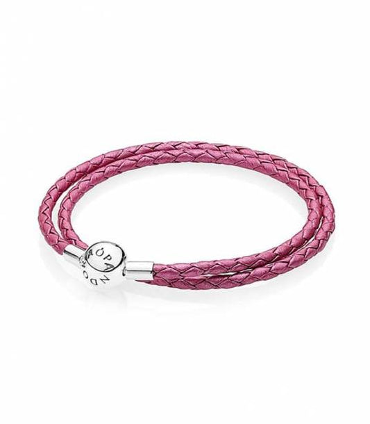 Brazalete de Cuero Trenzado Rosa con Broche Redondo